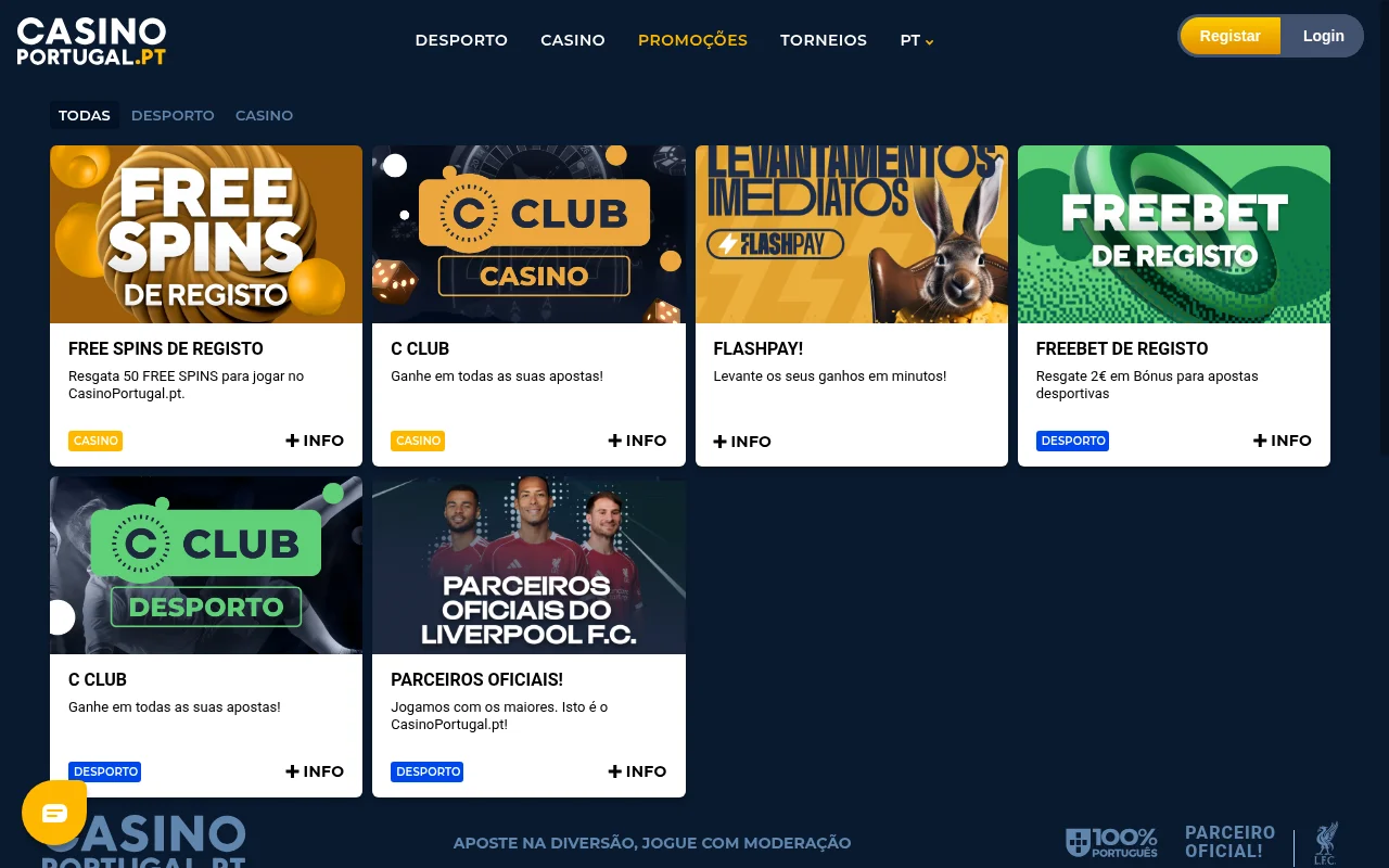 Página de promoções do Casino Portugal com bónus de boas-vindas desporto e casino em destaque