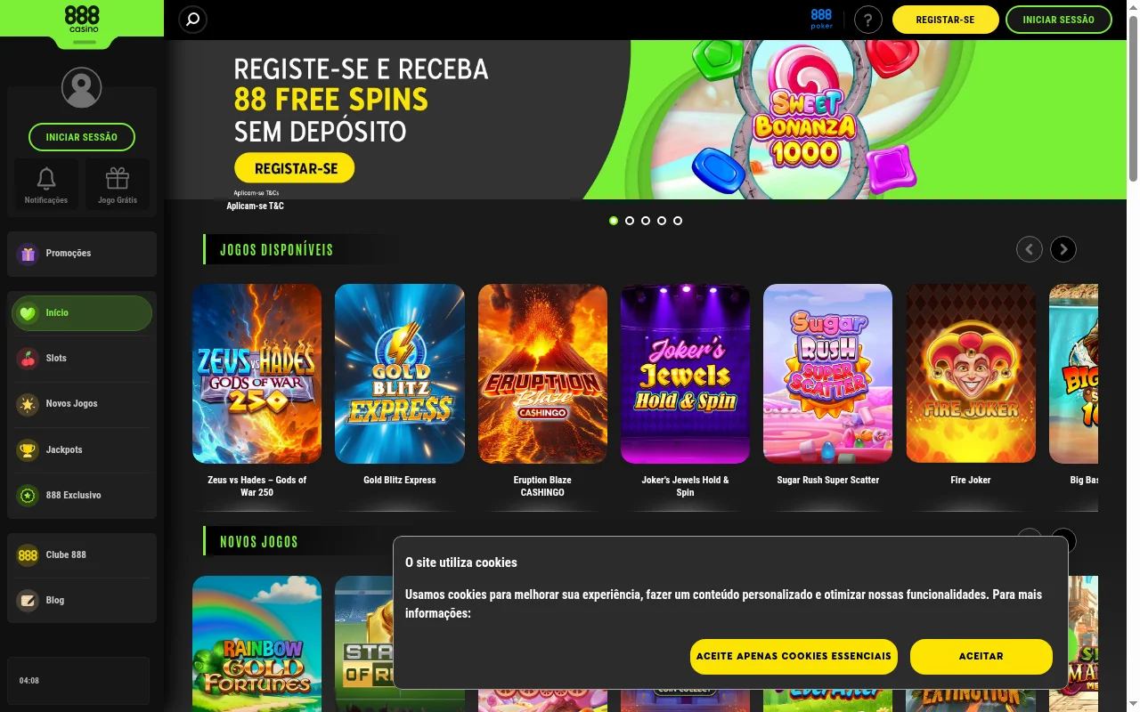 Homepage do casino online 888 Portugal com promoções e jogos disponíveis