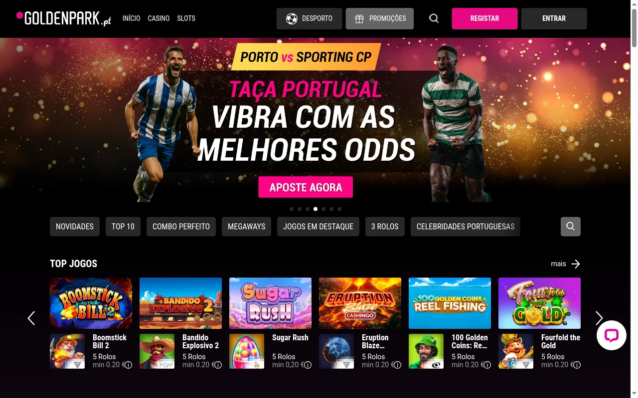 Homepage do casino online GoldenPark Portugal com slots e bonus de boas-vindas
