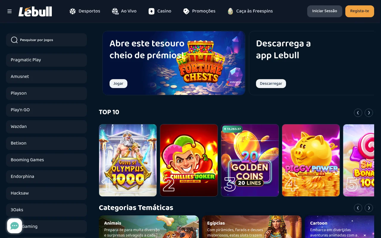 Homepage da LeBull Portugal com lobby de apostas e casino online