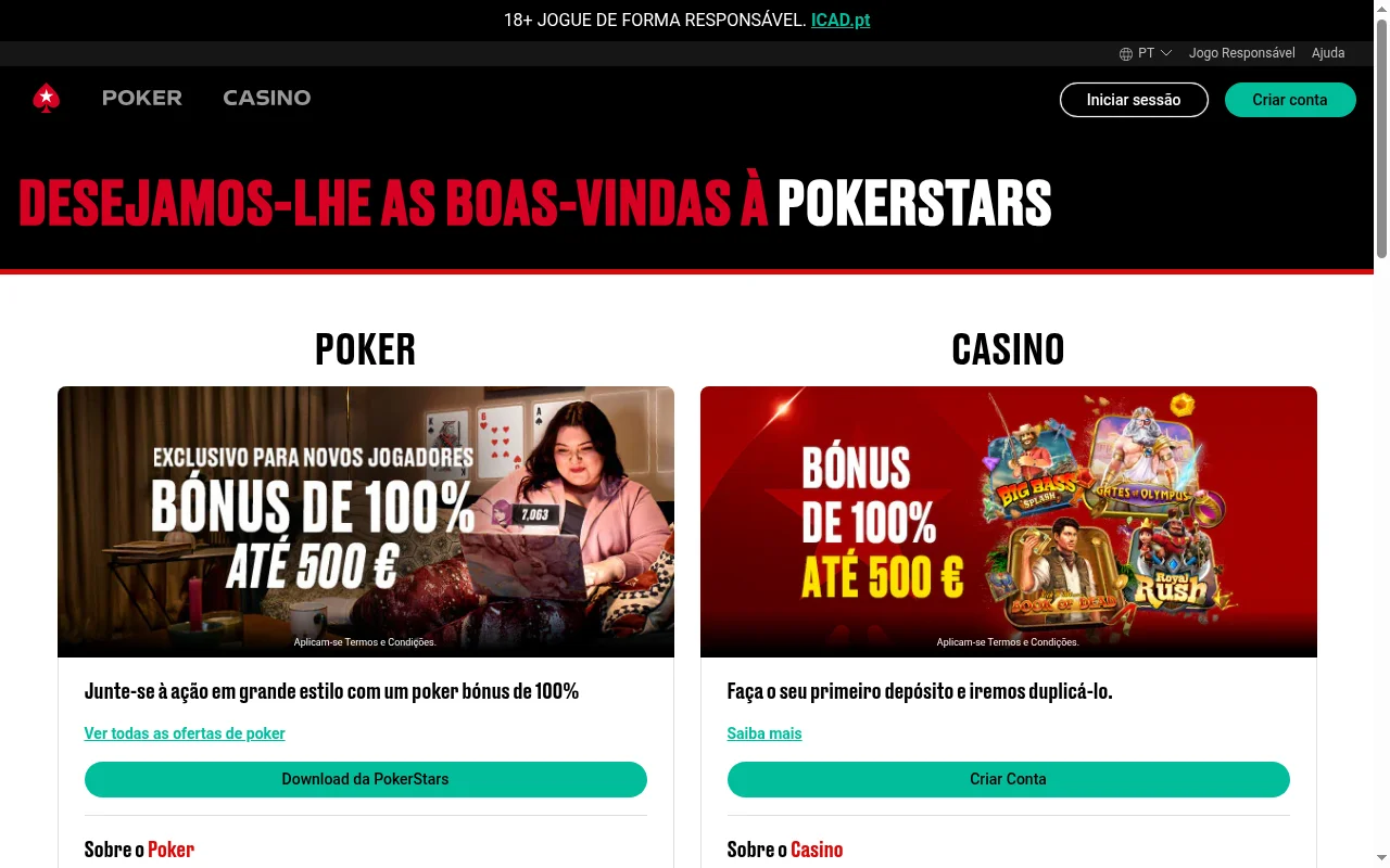 Homepage da PokerStars Portugal com bonus de boas-vindas e destaques