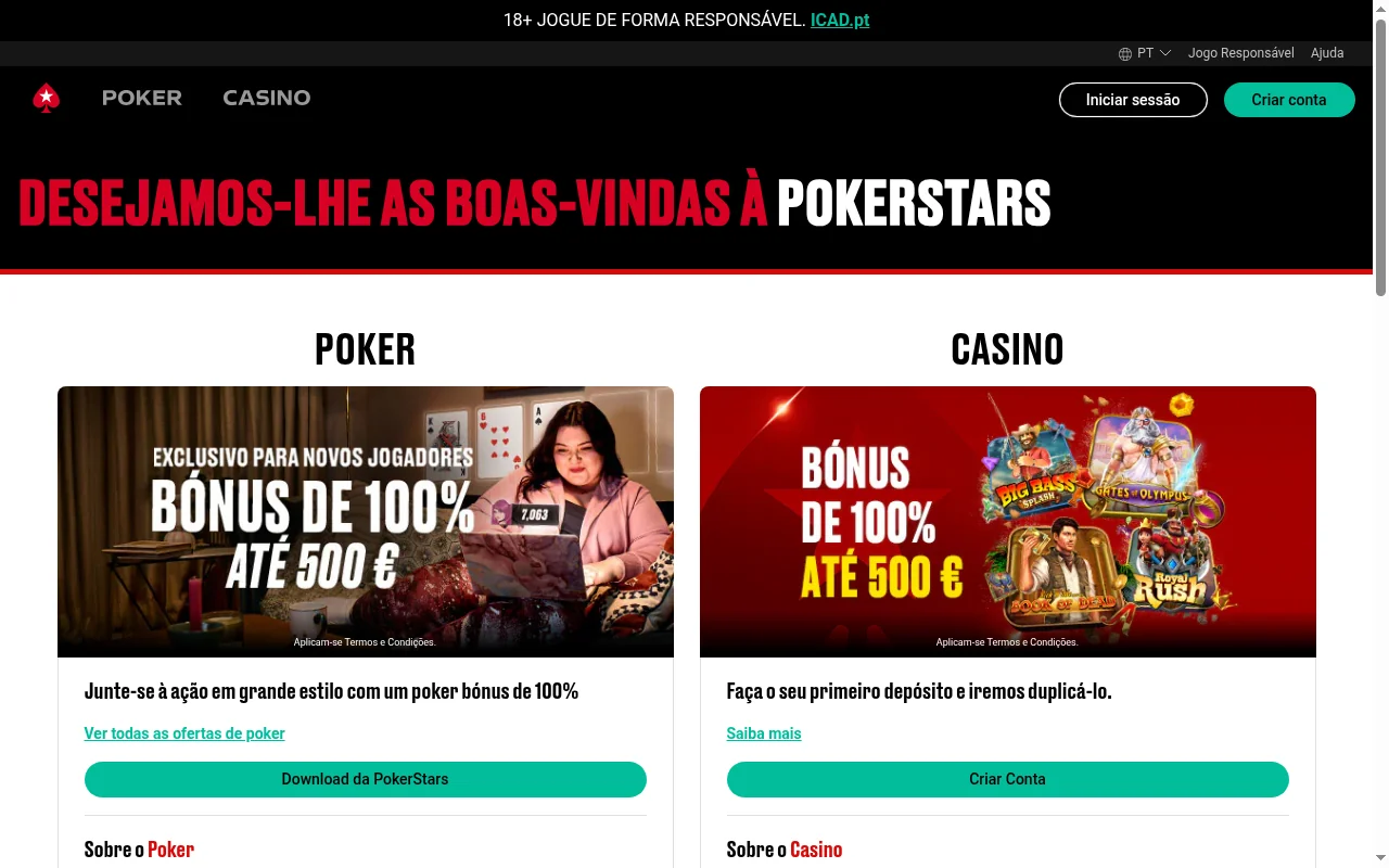 Homepage da PokerStars Portugal com bonus de boas-vindas e destaques