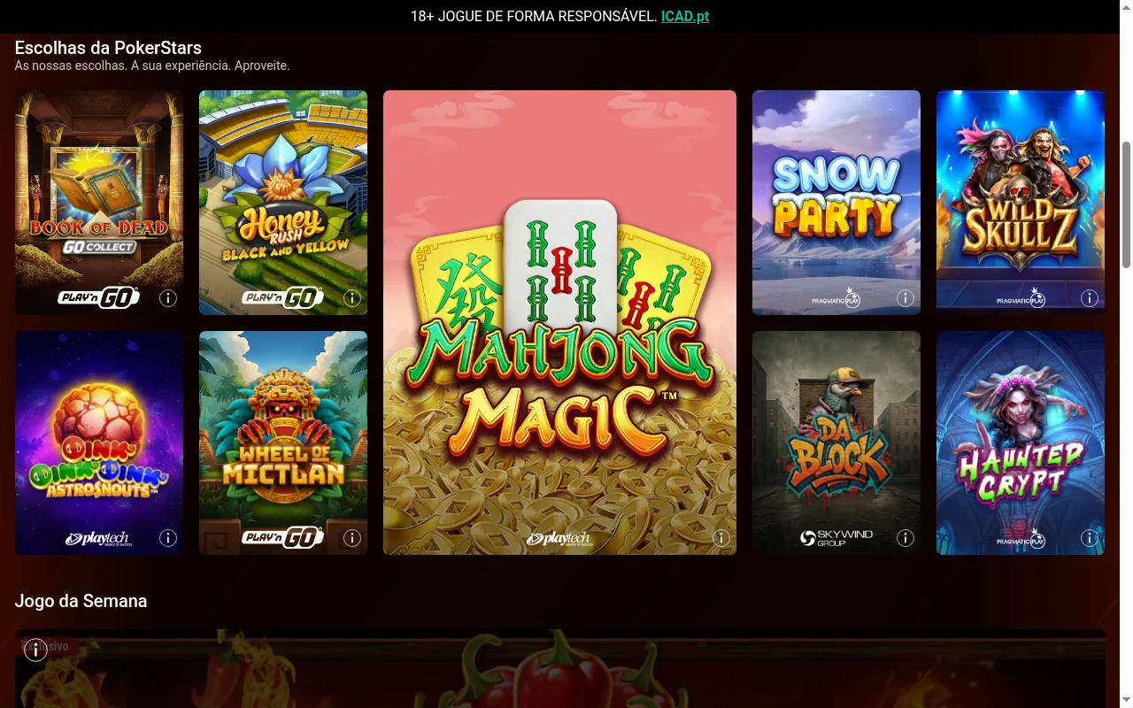 Lobby de slots do casino PokerStars Portugal com jogos populares