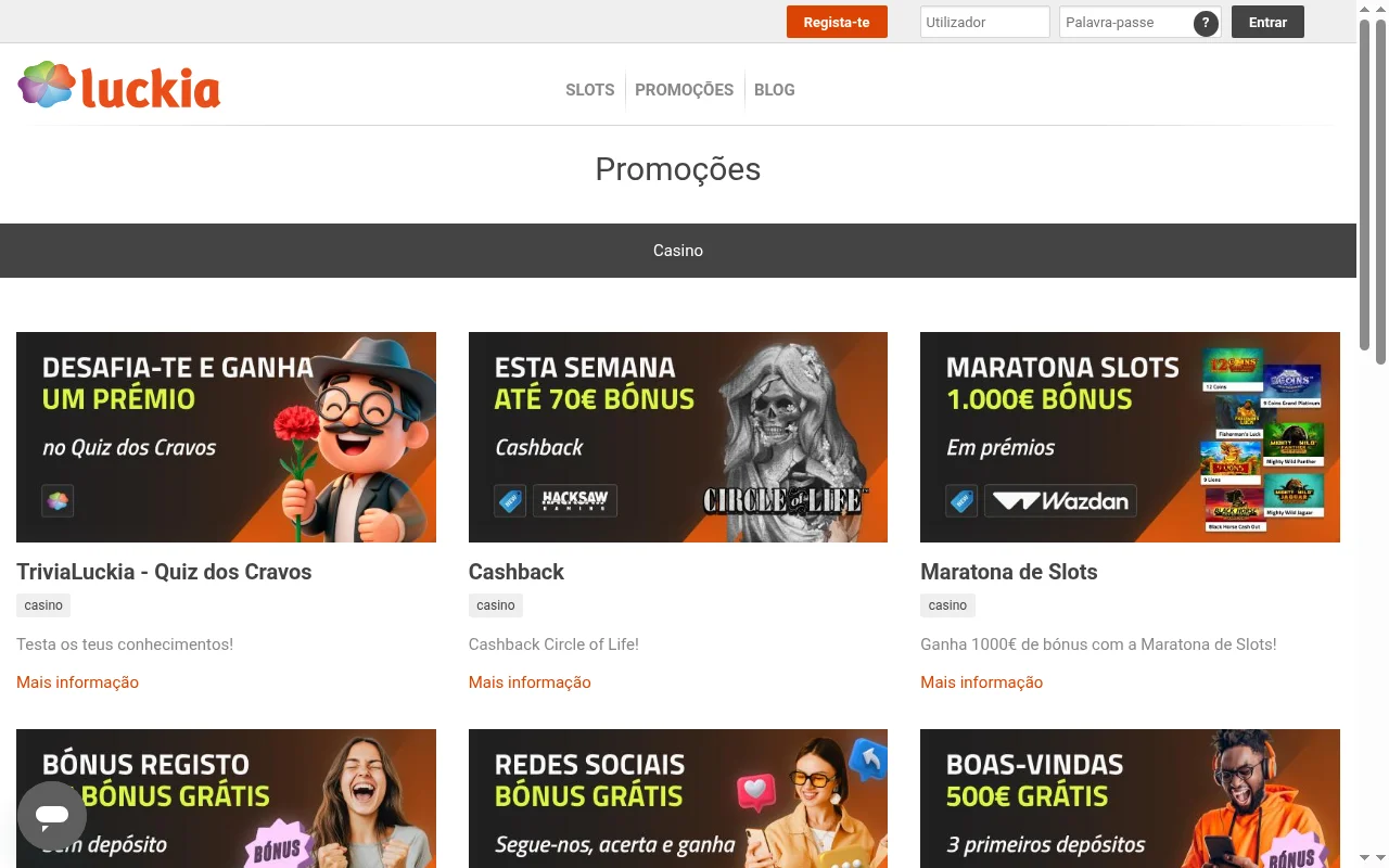Página de promoções e bónus da Luckia