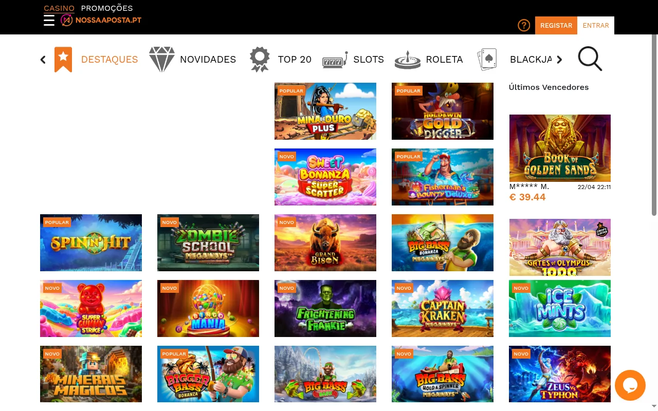 Homepage do casino online Nossa Aposta Portugal com catalogo de jogos e bonus