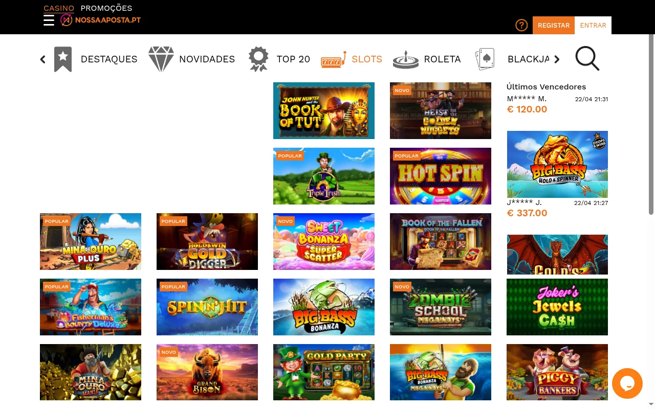 Lobby de slots online da Nossa Aposta com centenas de maquinas caca-niqueis