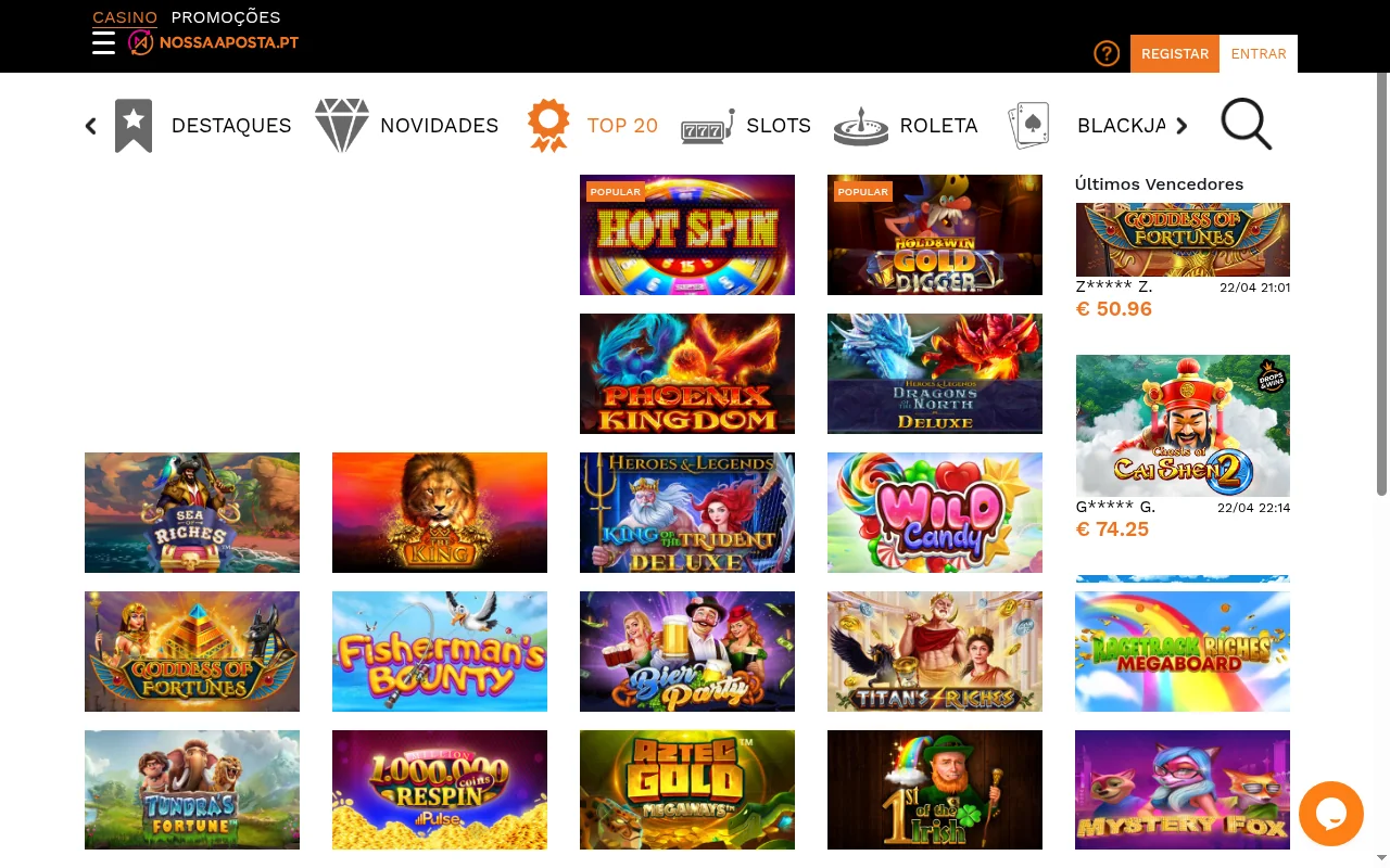 Top 20 jogos mais populares do casino online Nossa Aposta em Portugal