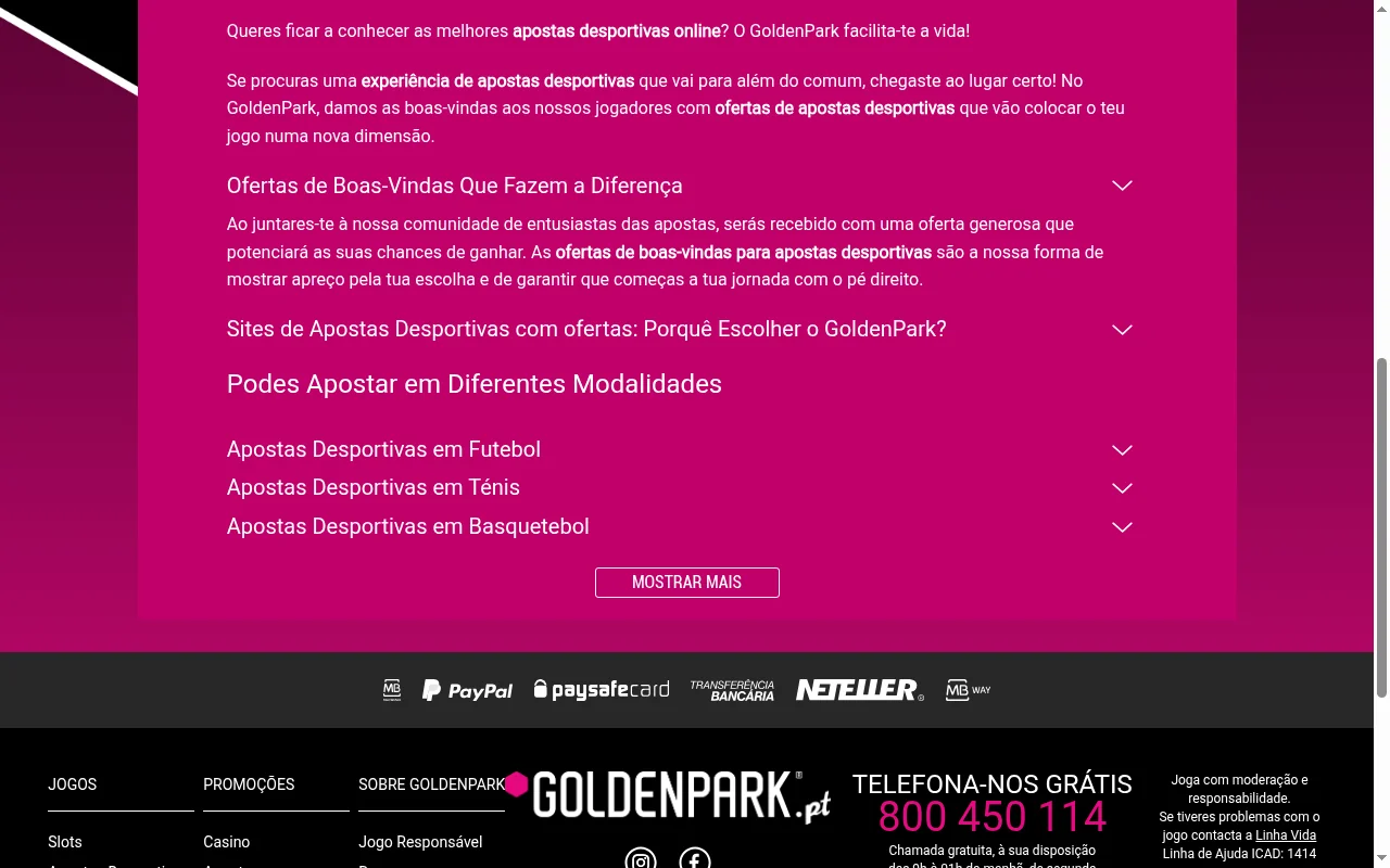 Odds e mercados de futebol na plataforma GoldenPark Portugal