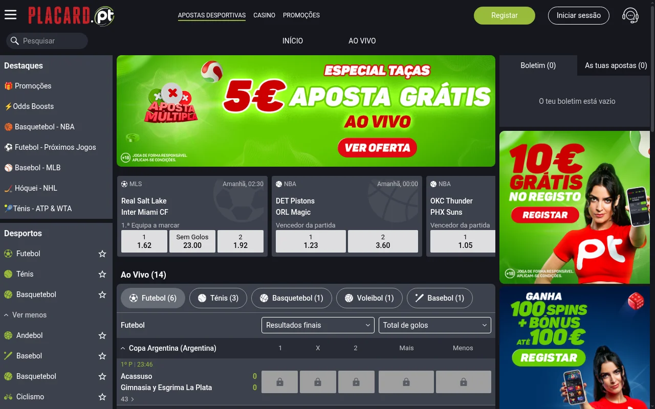 Secção de apostas desportivas do Placard com mercados e odds