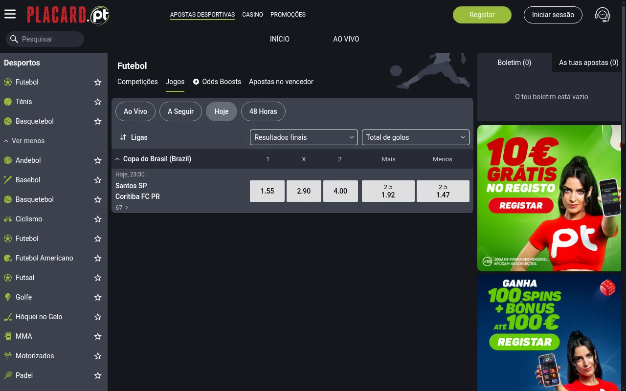App do Placard com apostas em futebol e mercados ao vivo