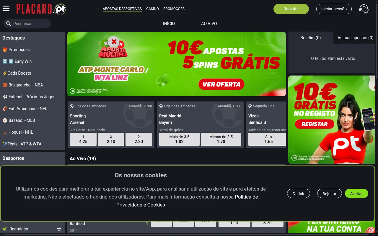 Homepage do Placard Portugal com apostas desportivas e casino online
