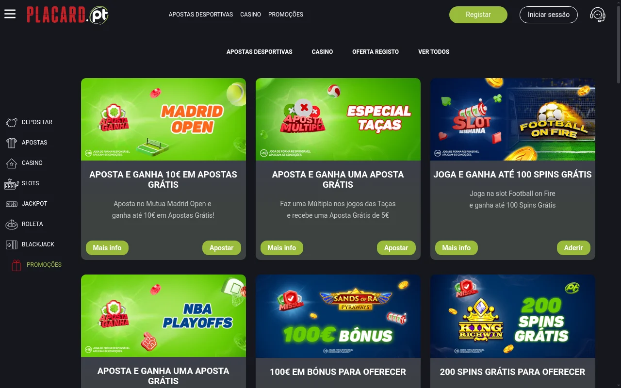 Página de promoções e bónus de boas-vindas do Placard Portugal