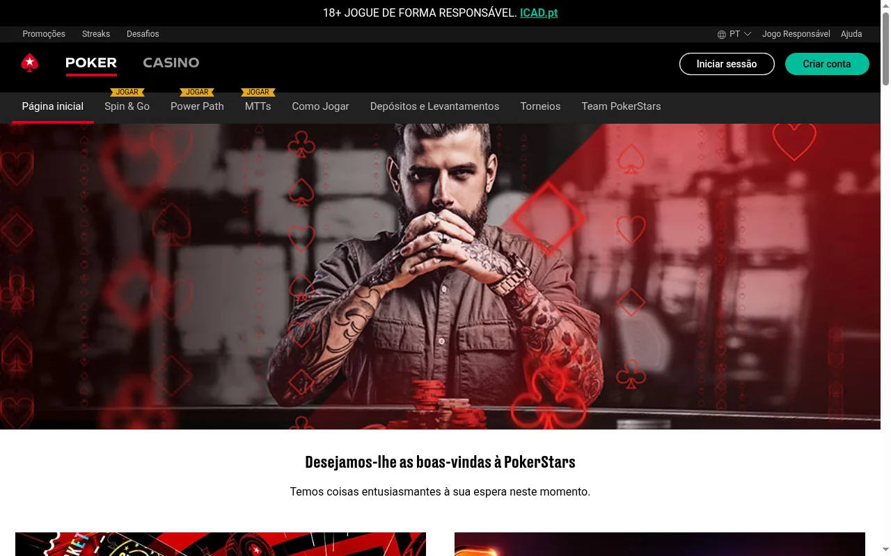 Lobby de poker da PokerStars Portugal com mesas e torneios em curso