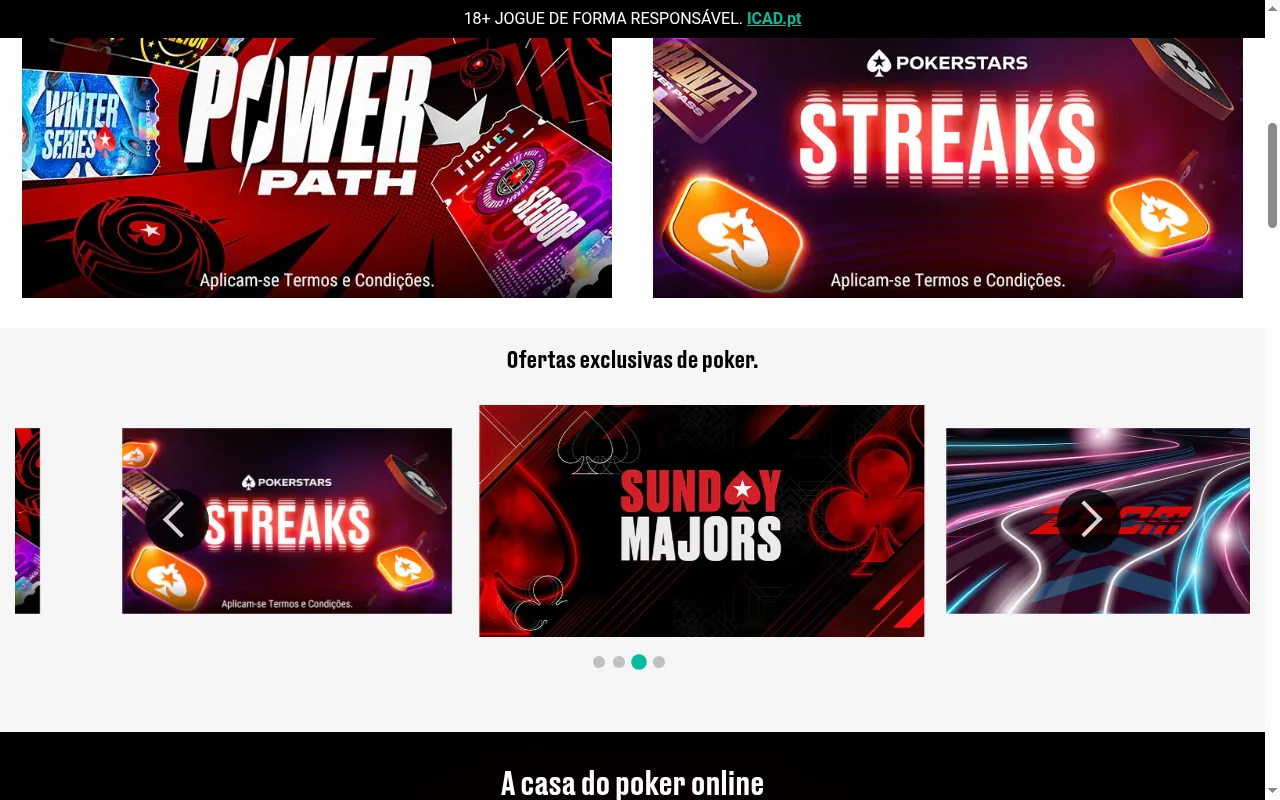 Pagina de promocoes da PokerStars Portugal com torneios e freerolls